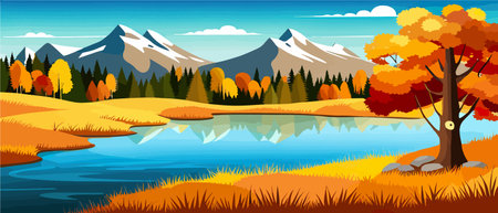 Autumn landscape with trees, mountains, fields, leaves.のイラスト素材