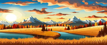 Autumn landscape with trees, mountains, fields, leaves.