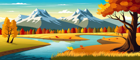Autumn landscape with trees, mountains, fields, leaves.のイラスト素材
