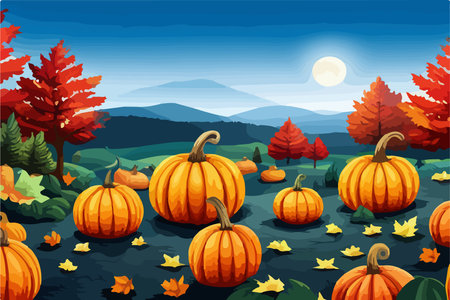 pumpkins lie on the ground under a tree against the backdrop of an autumn landscape,のイラスト素材