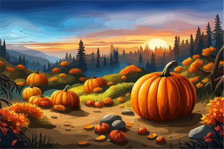 pumpkins lie on the ground under a tree against the backdrop of an autumn landscape,のイラスト素材