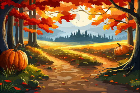 pumpkins lie on the ground under a tree against the backdrop of an autumn landscape,のイラスト素材