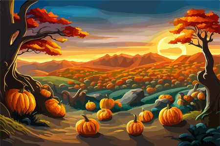 pumpkins lie on the ground under a tree against the backdrop of an autumn landscape,のイラスト素材