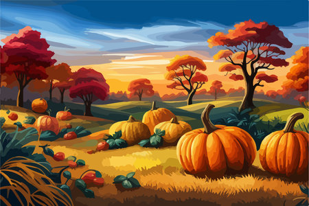 pumpkins lie on the ground under a tree against the backdrop of an autumn landscape,のイラスト素材