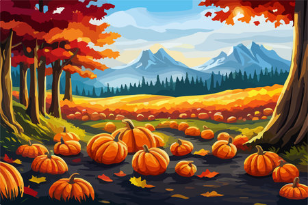 pumpkins lie on the ground under a tree against the backdrop of an autumn landscape,のイラスト素材
