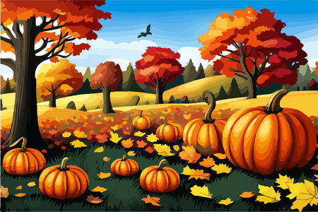 pumpkins lie on the ground under a tree against the backdrop of an autumn landscape,のイラスト素材
