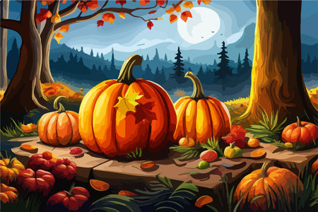 pumpkins lie on the ground under a tree against the backdrop of an autumn landscape,のイラスト素材