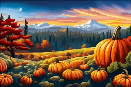 pumpkins lie on the ground under a tree against the backdrop of an autumn landscape,のイラスト素材