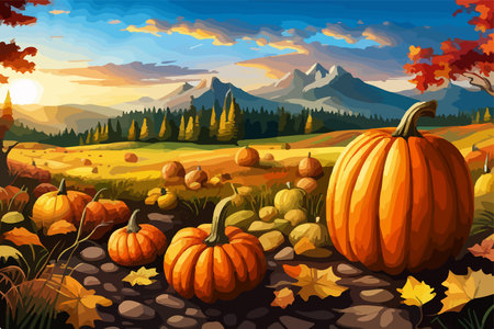 pumpkins lie on the ground under a tree against the backdrop of an autumn landscape,のイラスト素材