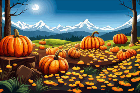 pumpkins lie on the ground under a tree against the backdrop of an autumn landscape,のイラスト素材