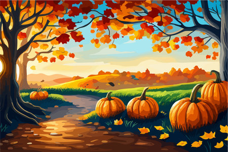 pumpkins lie on the ground under a tree against the backdrop of an autumn landscape,のイラスト素材