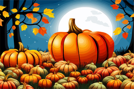 pumpkins lie on the ground under a tree against the backdrop of an autumn landscape,のイラスト素材