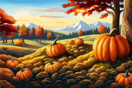 pumpkins lie on the ground under a tree against the backdrop of an autumn landscape,のイラスト素材