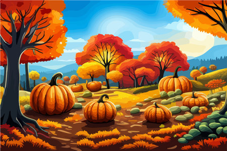 pumpkins lie on the ground under a tree against the backdrop of an autumn landscape,のイラスト素材