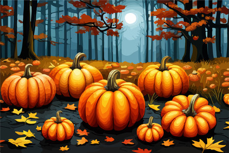 pumpkins lie on the ground under a tree against the backdrop of an autumn landscape,のイラスト素材