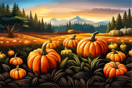 pumpkins lie on the ground under a tree against the backdrop of an autumn landscape,のイラスト素材