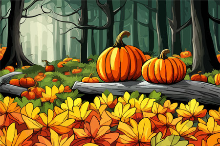 pumpkins lie on the ground under a tree against the backdrop of an autumn landscape,のイラスト素材
