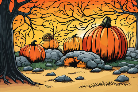 pumpkins lie on the ground under a tree against the backdrop of an autumn landscape,のイラスト素材