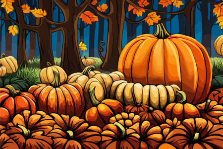 pumpkins lie on the ground under a tree against the backdrop of an autumn landscape,のイラスト素材