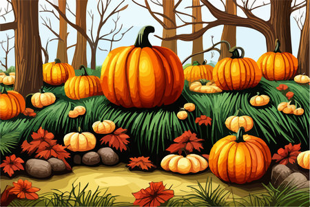 pumpkins lie on the ground under a tree against the backdrop of an autumn landscape,のイラスト素材