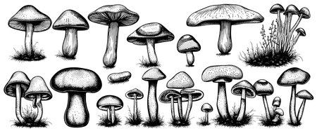 Hand drawn mushrooms in sketch style. Sketches of edible mushrooms. fungal protein.のイラスト素材