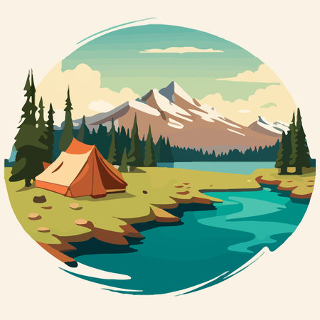 Camping concept art. vector illustration of beautiful landscape, mountainsのイラスト素材