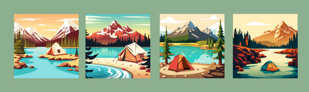 Camping concept art. vector illustration of beautiful landscape, mountainsのイラスト素材