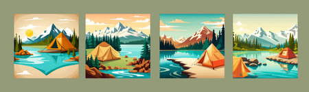 Camping concept art. vector illustration of beautiful landscape, mountainsのイラスト素材