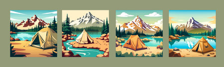 Camping concept art. vector illustration of beautiful landscape, mountainsのイラスト素材