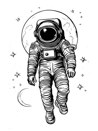 Hand drawn fantasy astronaut or cosmonaut in helmet and spacesuit,のイラスト素材