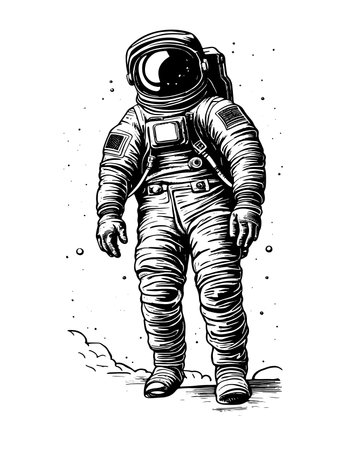 Hand drawn fantasy astronaut or cosmonaut in helmet and spacesuit,のイラスト素材