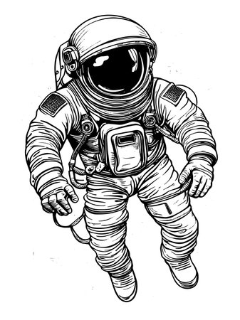 Hand drawn fantasy astronaut or cosmonaut in helmet and spacesuit,のイラスト素材