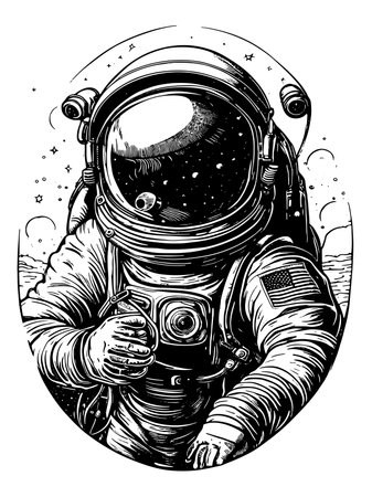 Hand drawn fantasy astronaut or cosmonaut in helmet and spacesuit,のイラスト素材