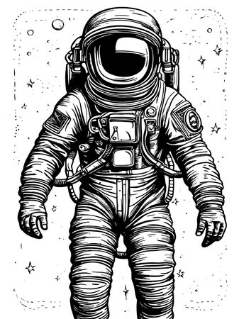 Hand drawn fantasy astronaut or cosmonaut in helmet and spacesuit,のイラスト素材