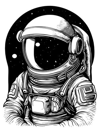 Hand drawn fantasy astronaut or cosmonaut in helmet and spacesuit,のイラスト素材