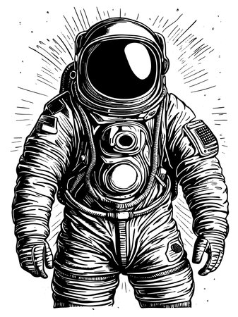 Hand drawn fantasy astronaut or cosmonaut in helmet and spacesuit,のイラスト素材