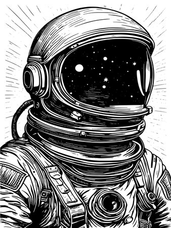 Hand drawn fantasy astronaut or cosmonaut in helmet and spacesuit,のイラスト素材