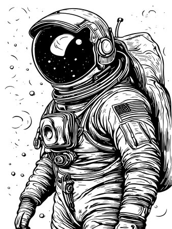 Hand drawn fantasy astronaut or cosmonaut in helmet and spacesuit,のイラスト素材