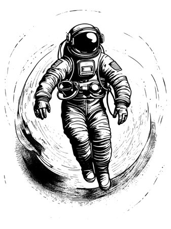 Hand drawn fantasy astronaut or cosmonaut in helmet and spacesuit,のイラスト素材