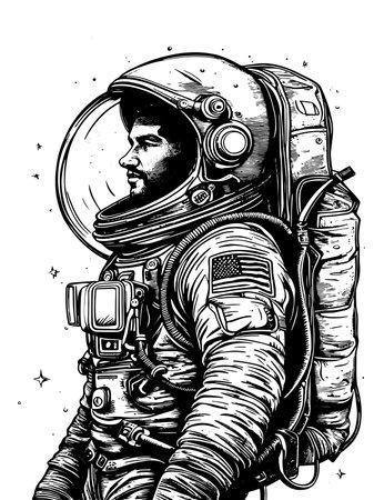 Hand drawn fantasy astronaut or cosmonaut in helmet and spacesuit,のイラスト素材