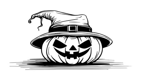 Sketch of the face of a pumpkin with a cap. Halloween pumpkin drawing scary jack o lantern engraving for autumnのイラスト素材