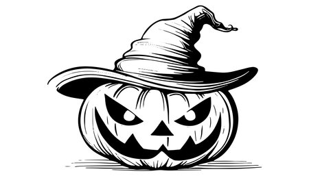 Sketch of the face of a pumpkin with a cap. Halloween pumpkin drawing scary jack o lantern engraving for autumnのイラスト素材