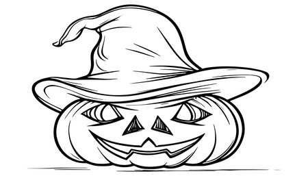 Sketch of the face of a pumpkin with a cap. Halloween pumpkin drawing scary jack o lantern engraving for autumnのイラスト素材