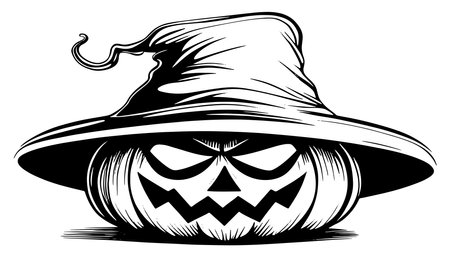 Sketch of the face of a pumpkin with a cap. Halloween pumpkin drawing scary jack o lantern engraving for autumnのイラスト素材