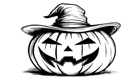 Sketch of the face of a pumpkin with a cap. Halloween pumpkin drawing scary jack o lantern engraving for autumnのイラスト素材