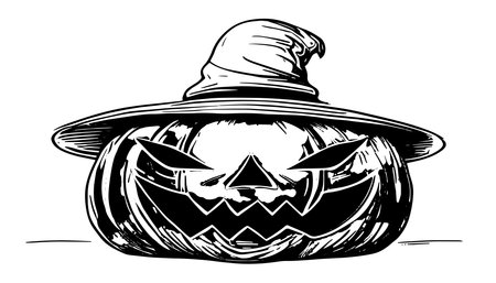 Sketch of the face of a pumpkin with a cap. Halloween pumpkin drawing scary jack o lantern engraving for autumnのイラスト素材