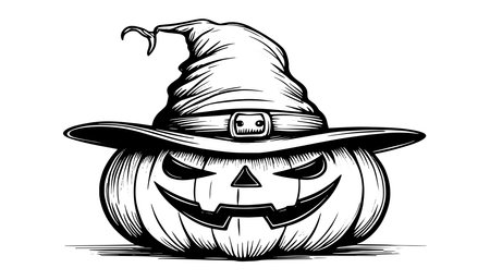 Sketch of the face of a pumpkin with a cap. Halloween pumpkin drawing scary jack o lantern engraving for autumnのイラスト素材