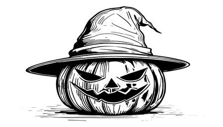 Sketch of the face of a pumpkin with a cap. Halloween pumpkin drawing scary jack o lantern engraving for autumnのイラスト素材