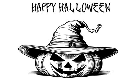 Sketch of the face of a pumpkin with a cap. Halloween pumpkin drawing scary jack o lantern engraving for autumnのイラスト素材