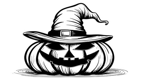 Sketch of the face of a pumpkin with a cap. Halloween pumpkin drawing scary jack o lantern engraving for autumnのイラスト素材